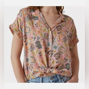 Lucky Brand Women’s Pink Floral Tie Front Button Down Blouse